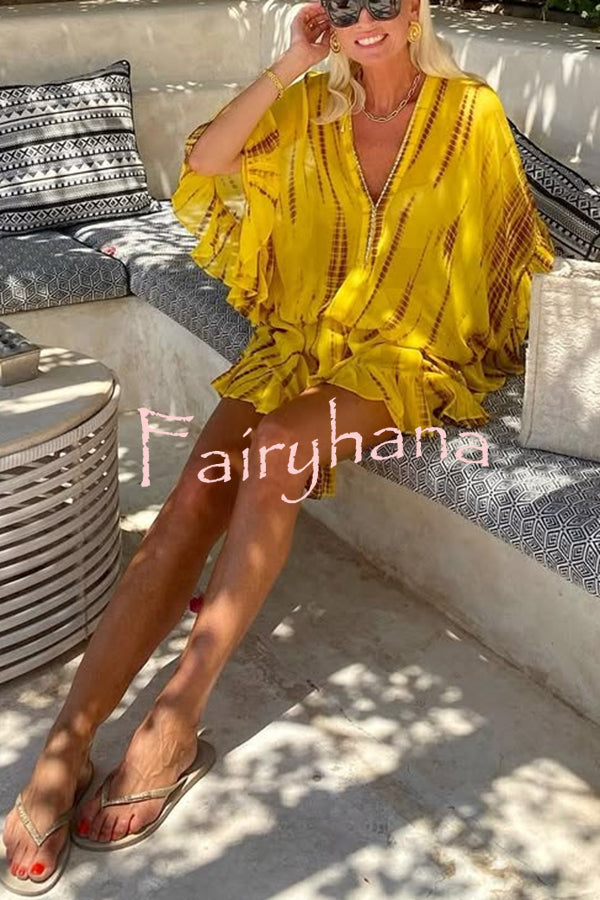Lemon Flavor Tie Dye Ruffle Batwing Sleeve Elastic Waist Kaftan Mini Dress