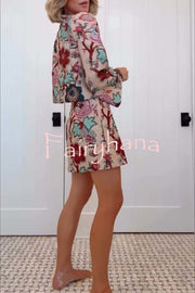 Autumn Garden Printed V-neck Long Bell Sleeve Top and Mid Rise Skirt Set