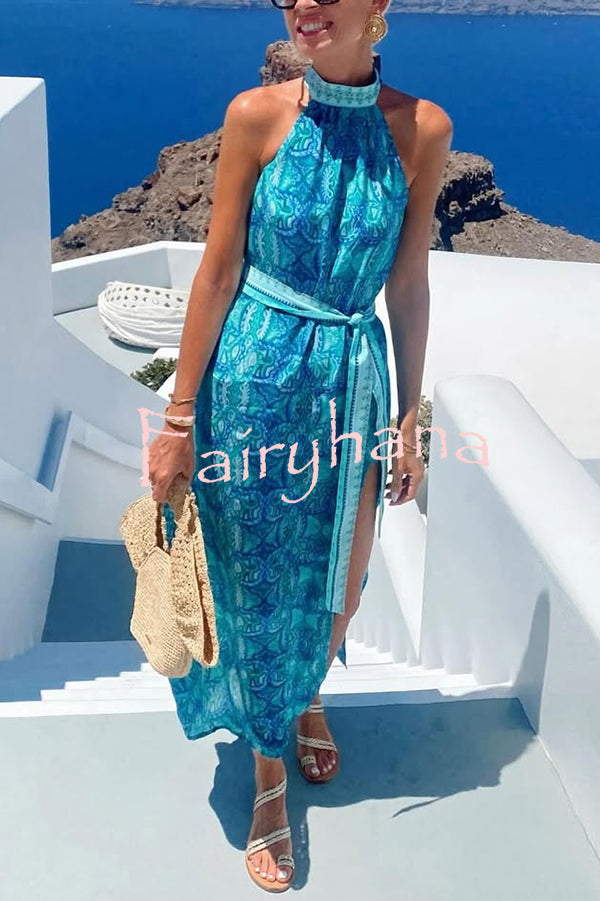 Unique Print Sexy Off-the-shoulder Waist Tie Slit Holiday Midi Dresses