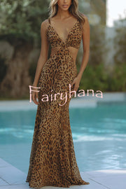 Elegant Wildness Leopard Print Elasticated Cutouts Slip Maxi Dress