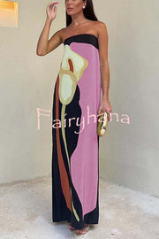 Jaime Abstract Floral Print Elasticated Off Shoulder Vacation Loose Maxi Dress