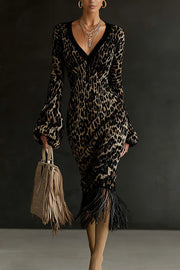 Unique Printed V-neck Long-sleeved Elegant Tassel Hem Midi Dress