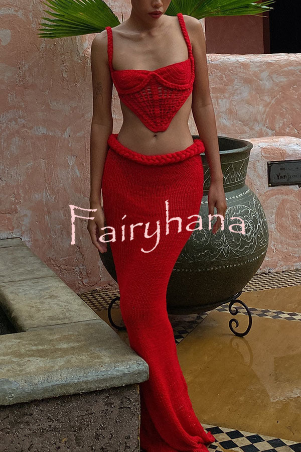 Kala Crochet Knit Braid Waist Slit Stretch Maxi Skirt