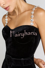 Eliza Luxurious Velvet Fabric Jewel-embellished Shoulder Straps Belted Flare Jumpsuit