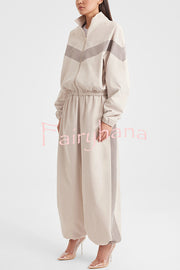 Fashionable Contrasting Long-sleeved Loose Coat and Elastic Waist Wide-leg Pants Set