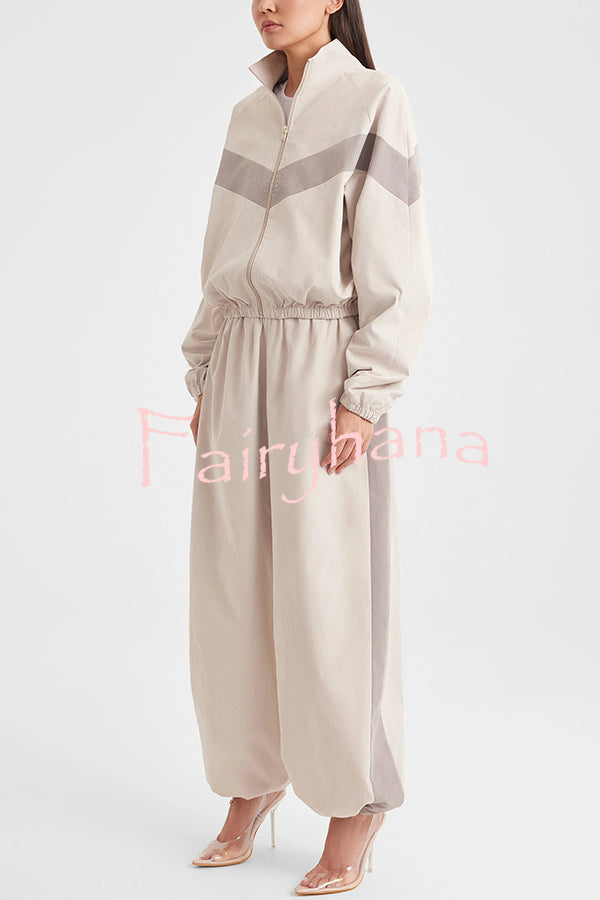 Fashionable Contrasting Long-sleeved Loose Coat and Elastic Waist Wide-leg Pants Set