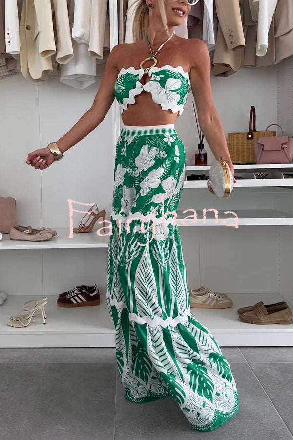 Cassie Ric Rac Trims Unique Print Halter Ring Tank and High Rise Wide Leg Pants Set
