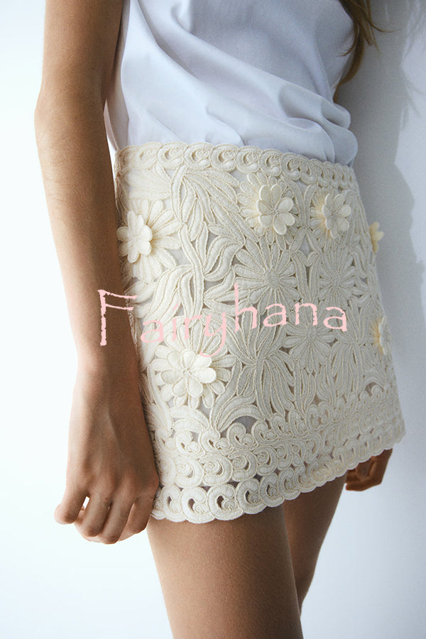 Fashion Floral Hollow Embroidery Slim Mini Skirt