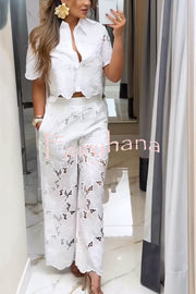 Solid Color Hollow Lace Lapel Short-sleeved Top and Elastic Waist Loose Pocket Pants Set