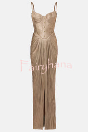 Vegas Queen Metallic Pleated Sculpted Bodice Back Lace-up Drape Maxi Dress