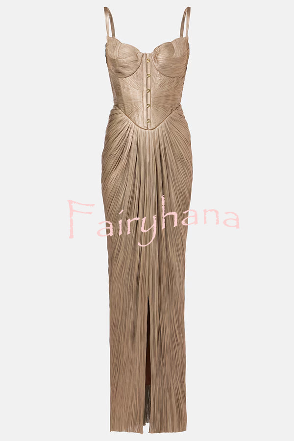 Vegas Queen Metallic Pleated Sculpted Bodice Back Lace-up Drape Maxi Dress