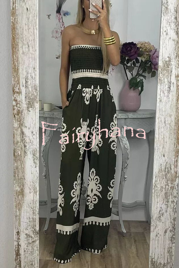 Larsen Ethnic Print Off Shooulder Smocked Bust Pocketed Jumpsuit