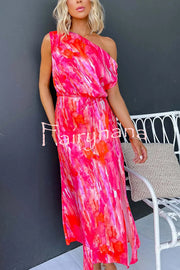 Satin Unique Print One Shoulder Tie Waist Slit Maxi Dress
