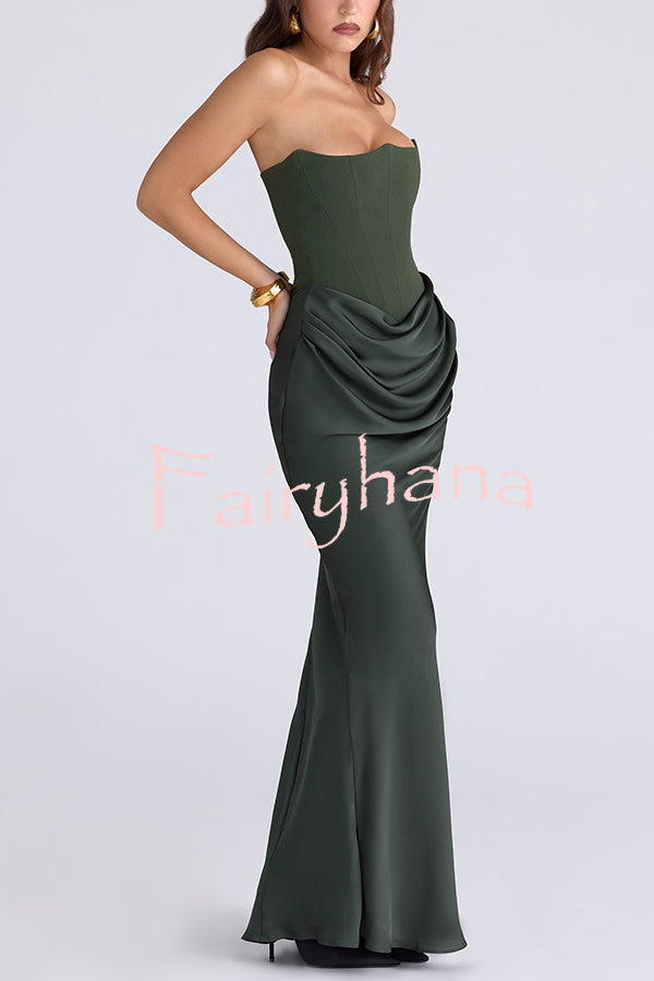 Attend The Gala Strapless Corset Satin Ruched Hip Drape Maxi Dress