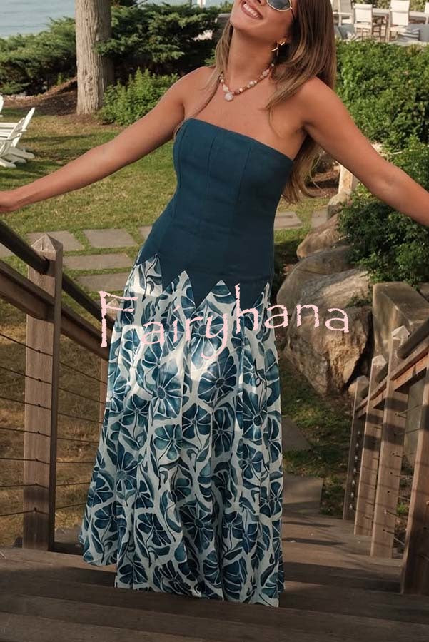 Dottie Colorblock Floral Print Drop Waist Gathered Strapless Maxi Dress