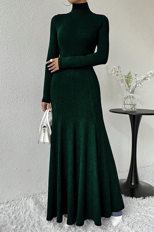 Solid Color High-neck Long-sleeved Slim-fit Fishtail Elegant Maxi Dress