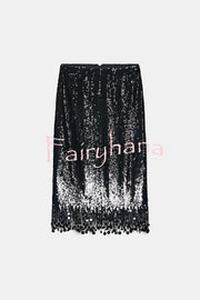 City Queen Sequin Tassel Round Pieces High Rise Back Zipper Midi Skirt