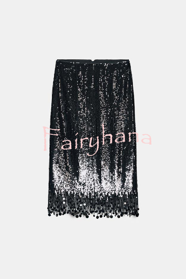 City Queen Sequin Tassel Round Pieces High Rise Back Zipper Midi Skirt