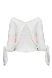 Joyful Bond Linen Blend V-neck Knotted Cuff Half Sleeve Loose Top
