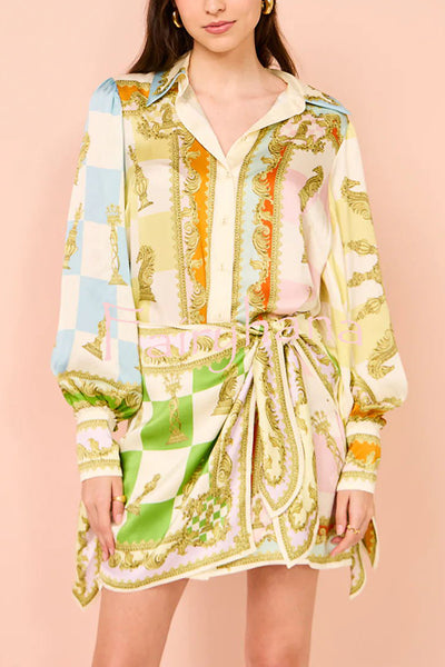 Vacay Mode Satin Unique Print Tie-up Design Wrap Mini Dress