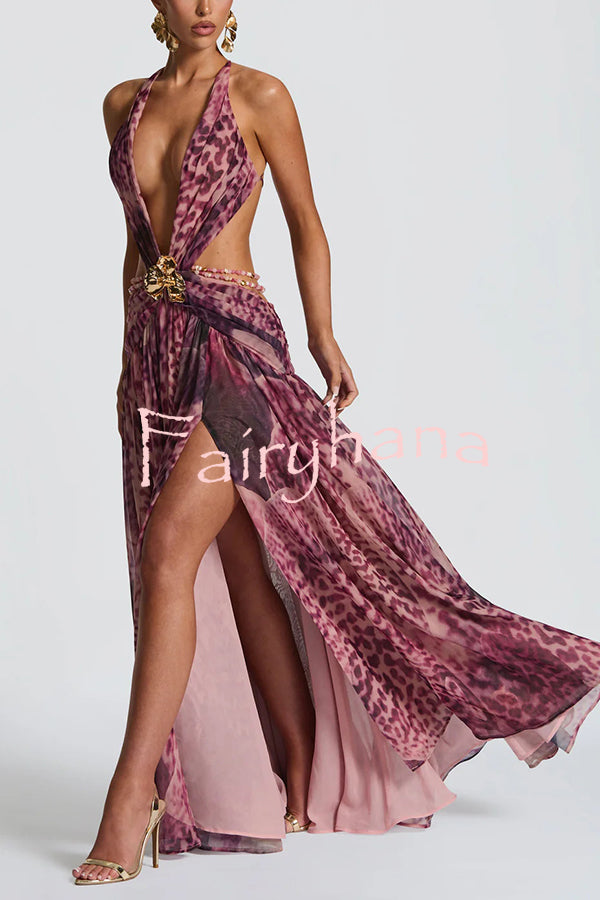 Kinara Leopard Print Deep V-neck Metal Flower Hollow Beads Detail Slit Maxi Dress