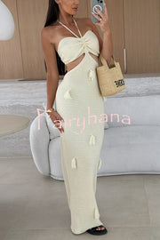 Fashion Halterneck Waist-baring Tassel-embellished Knitted Maxi Dress