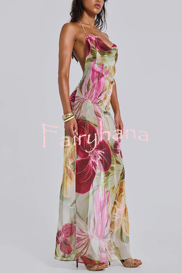Floral Print Sexy Backless Slit See-Through Holiday Maxi Dress