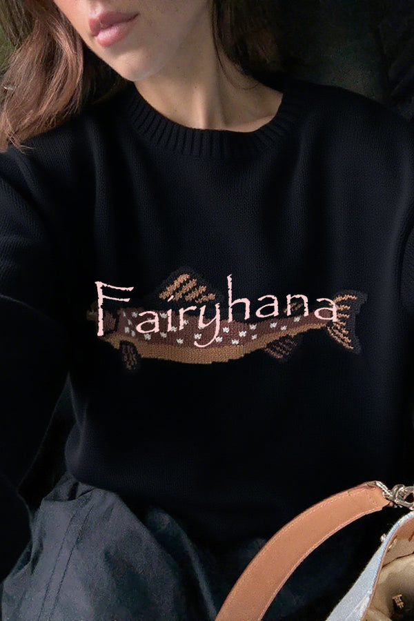 Fashionable Fish Pattern Round Neck Loose Knitted Sweater