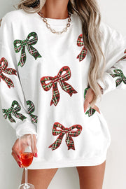 Christmas Plaid Bow Sequin Loose Casual Long-sleeved Sweatshirt