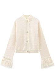 Solid Color Elegant Feather Long Sleeve Casual Knitted Cardigan