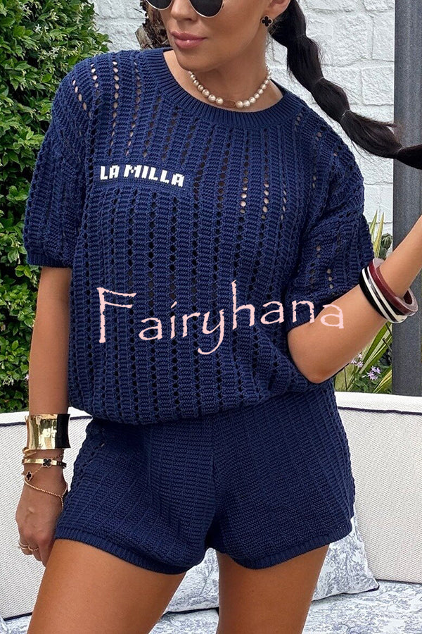 Fashionable Hollow Knit Short-sleeved Top and Elastic High-waist Casual Shorts Set
