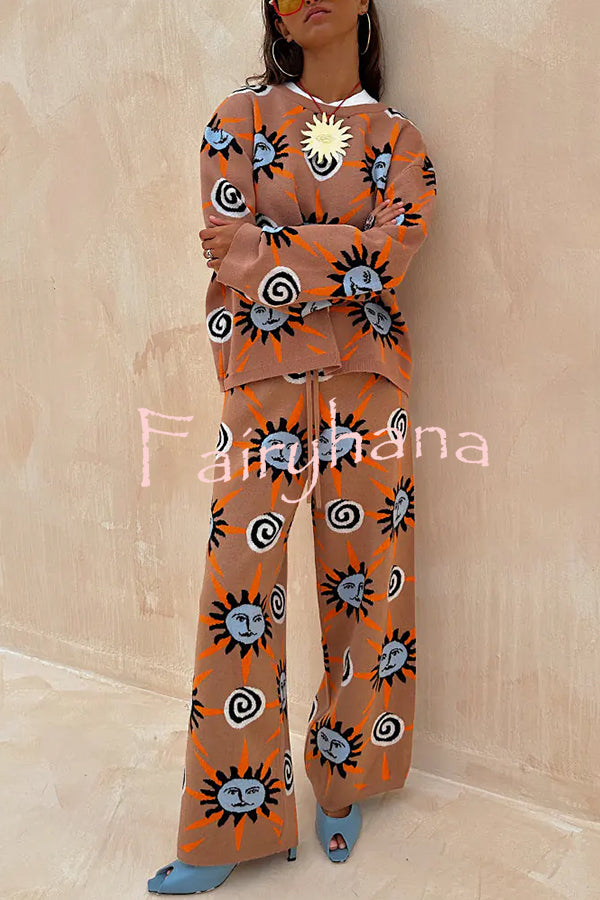 Mediterranean Art Knit Unique Sun Vortex Print Long Sleeve Relaxed Sweater
