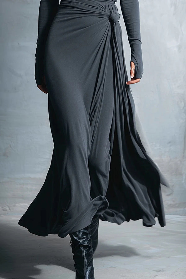 Solid Color Long-sleeved Slim-fit Knot Decoration Maxi Dress