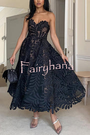 Elegant Openwork Lace Strapless Full-hem Midi Dress