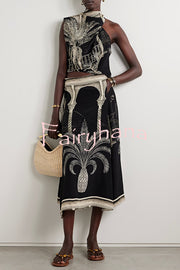 Satin Botanical Print Sleeveless Lounge Top and Midi Skirt Set