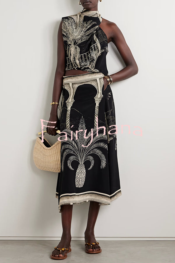 Satin Botanical Print Sleeveless Lounge Top and Midi Skirt Set
