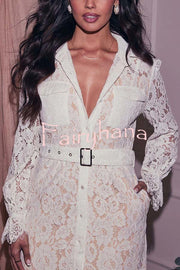 Love in Lace Button Up Belted Long Sleeve Pocket Shirt Mini Dress