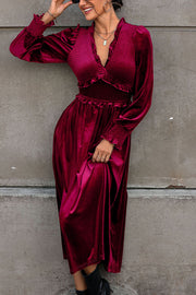 Solid Color Velvet Pleated Ruffled V-neck Long Sleeve Elegant Midi Dress