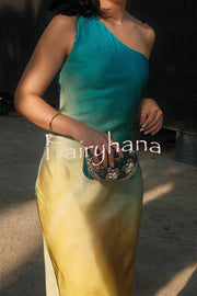 Satin Ombre One Shoulder Backless Fitted Maxi Dress