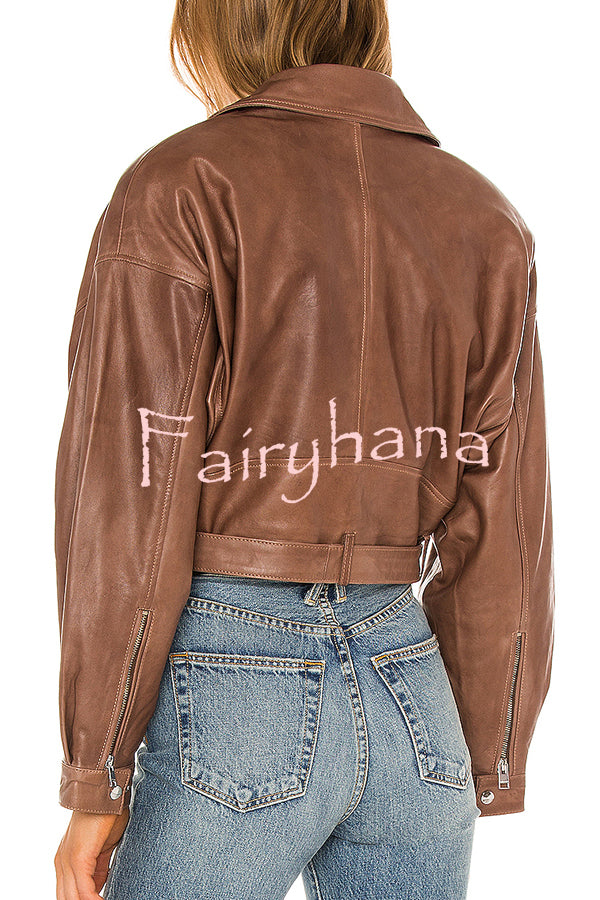 Fashion Lapel Long Sleeve Casual Zipper Pocket Leather Jacket