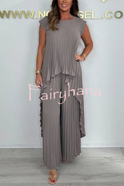 Laney Pleated Short Sleeve Irregular Midi Top and Elastic Waist Wide Leg Pants Set