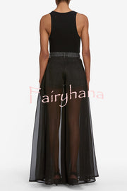 Avant-garde Fashion Denim Flowing Organza Patchwork Pocketed Wide Leg Jeans