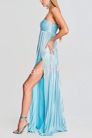 Metallic Sexy Tube Top Pleated High Slit Maxi Dress