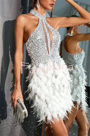 Stylish Sequined Sleeveless Feather-embellished Slim-fit Mini Dress