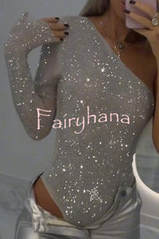 Solid Color Sequined One-shoulder Slim-fit Rompers