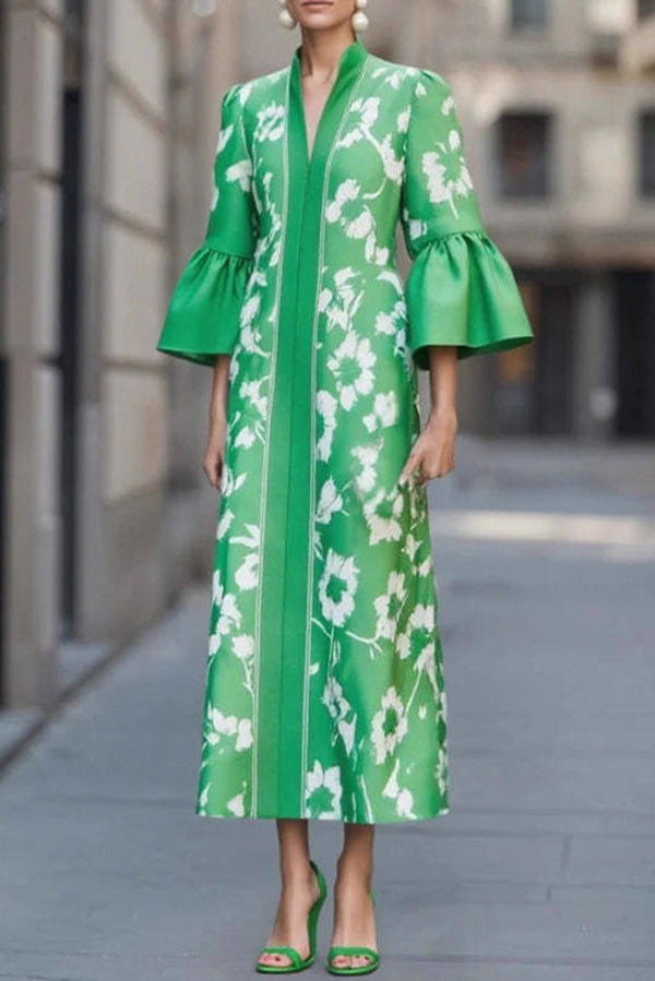 Unique Print Loose V-Neck Casual Holiday Maxi Dress