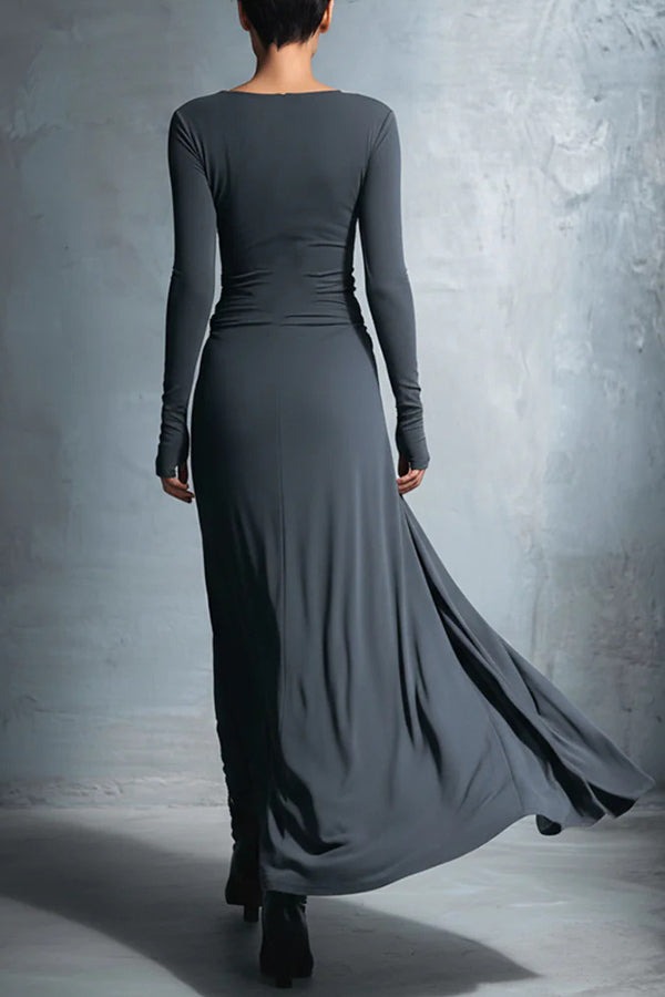Solid Color Long-sleeved Slim-fit Knot Decoration Maxi Dress