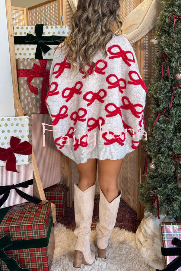 Santa Baby Knit Bow Color Block Button Up Long Sleeve Oversized Fit Cardigan