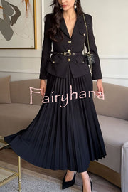 Solid Color Lapel Button Belt Blazer and Pleated Casual Maxi Skirt Set