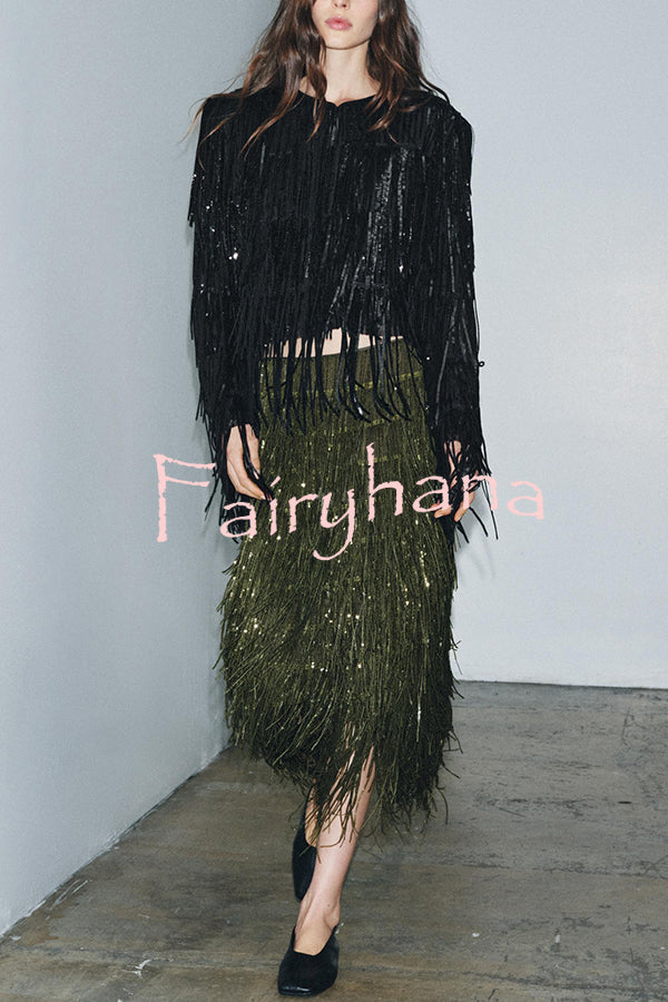 Stylish Sequined Tassel Elegant Midi Skirt